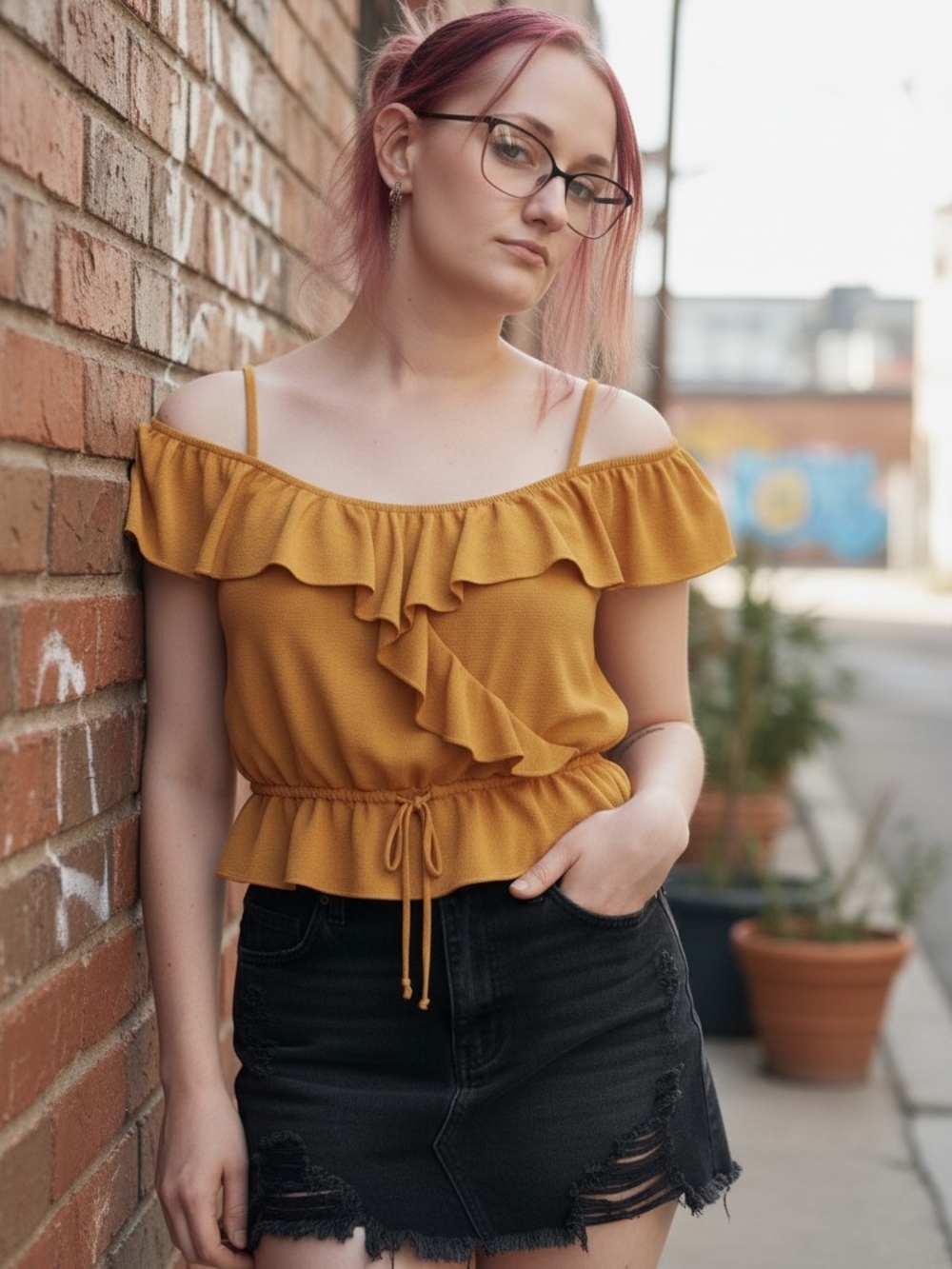 Forever 21 Mustard Off-Shoulder Ruffle Drawstring Camisole